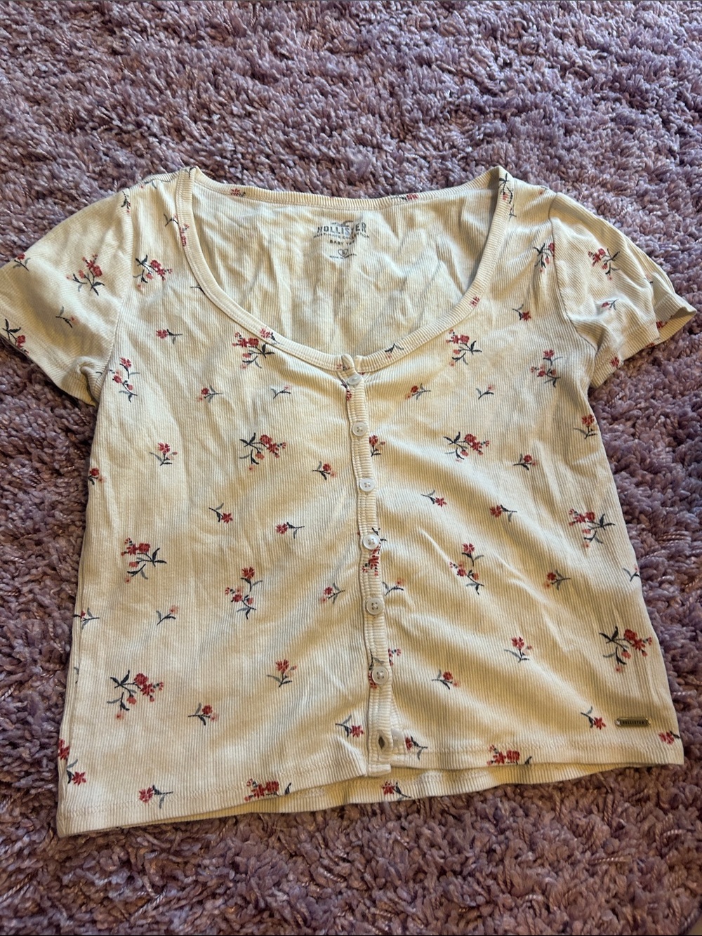 Hollister Floral Ribbed Scoop-Neck Button Front Crop Top